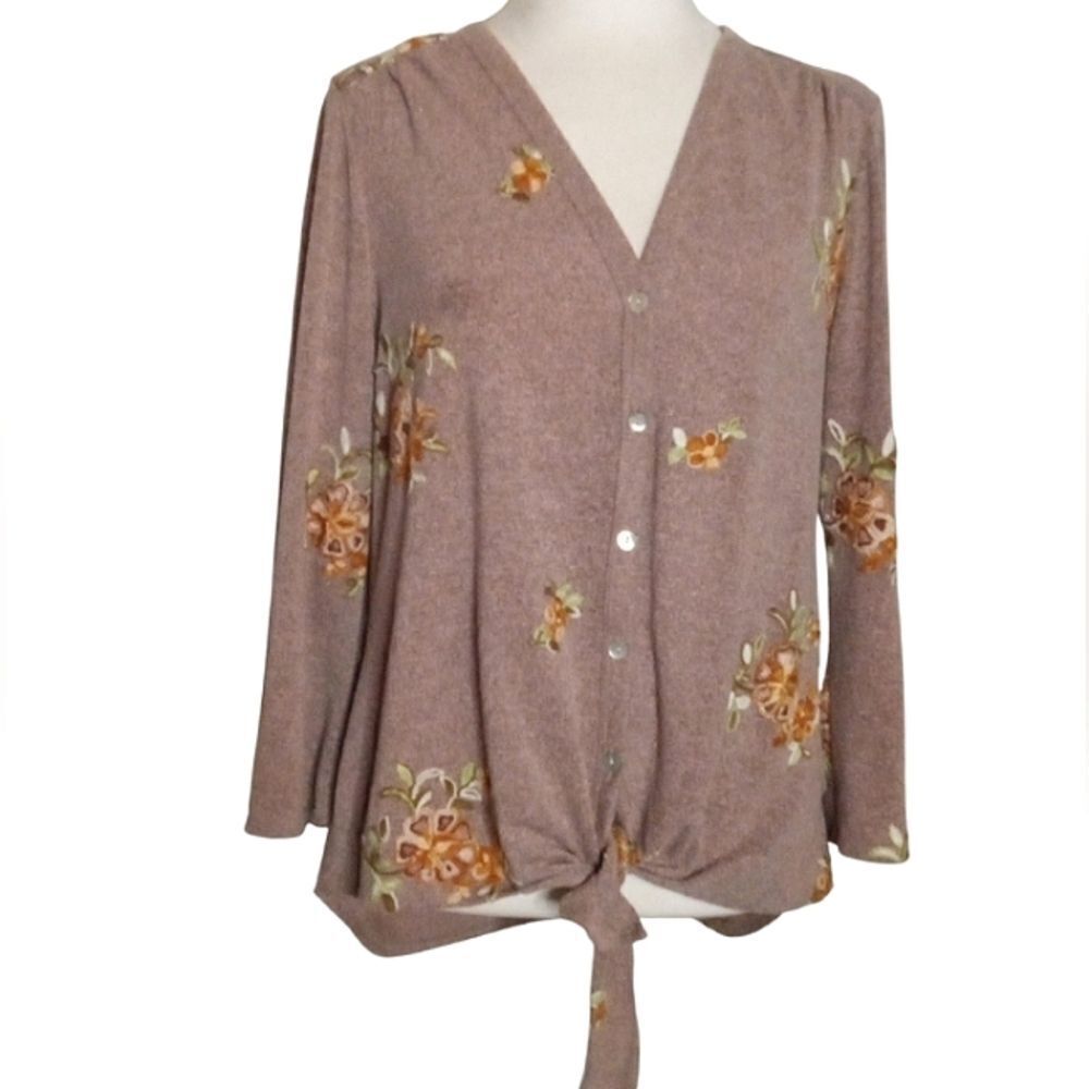 Anthropologie Fig & Flower Flower Embroidered Tie Front Henley Blouse Medium